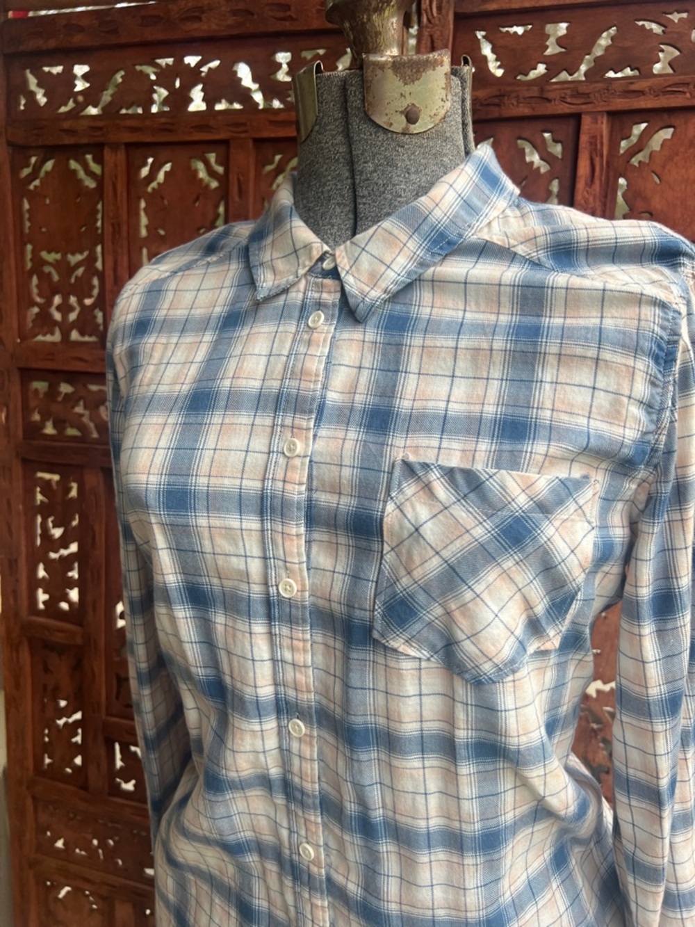 PAIGE Blue, Cream and Tan Plaid Shirt
